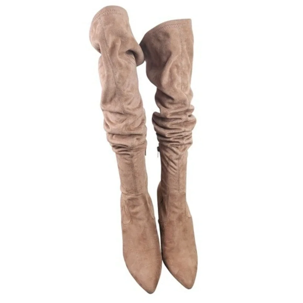 Steve‎ Madden Women's Tan Suede Ruched Block Heel Pointed Toe Boots Size 8.5M